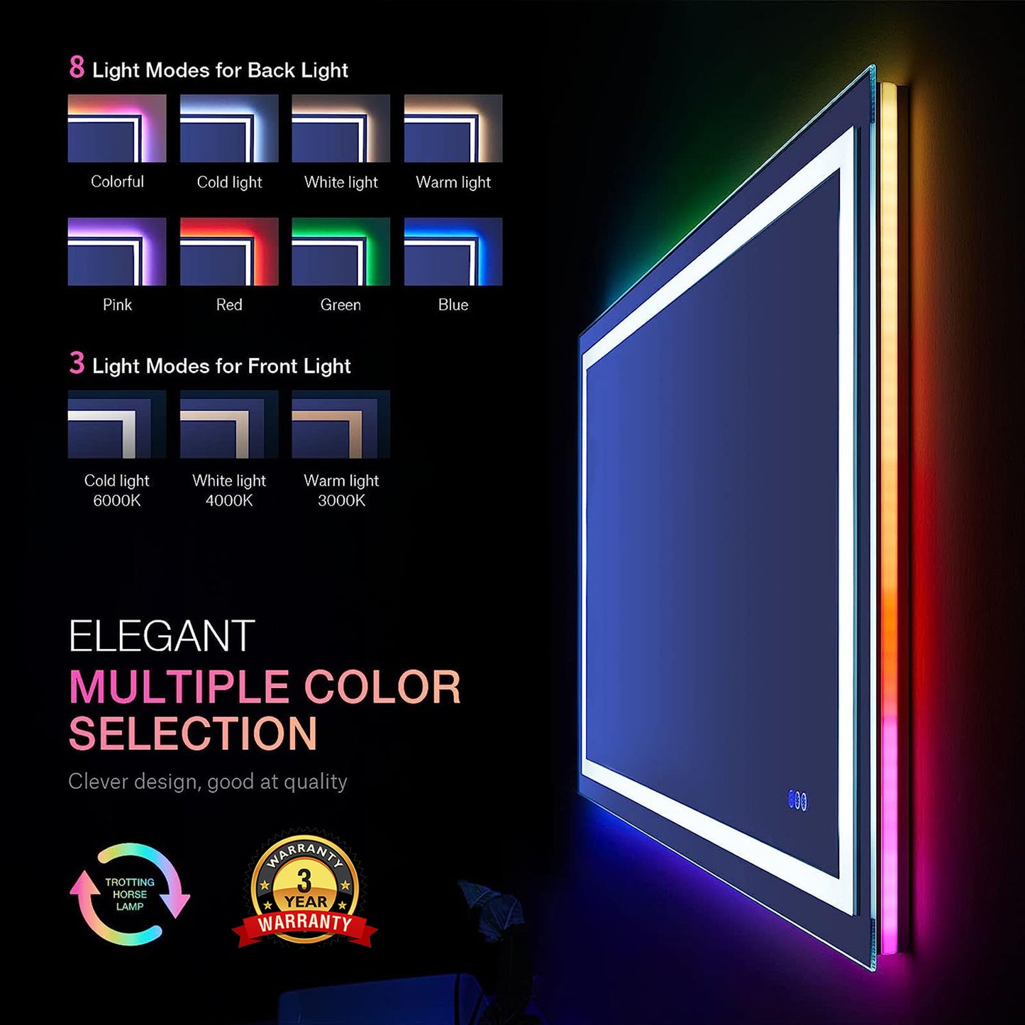 RGB Frameless Rectangle Front & Back Lighted Mirror