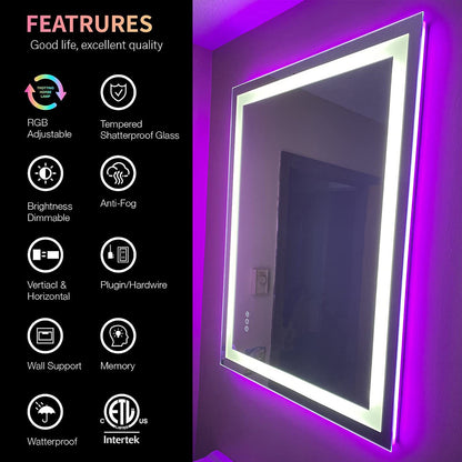 RGB Frameless Rectangle Front & Back Lighted Mirror