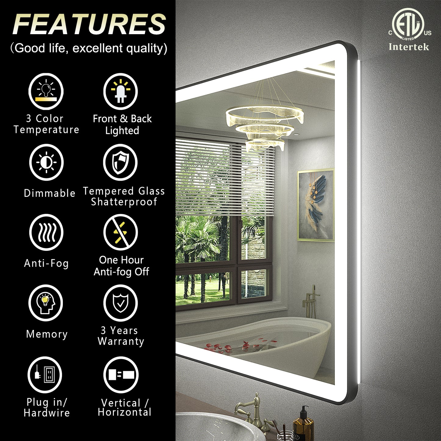 LED Framed Round Rectangle Front & Back Light Mirror