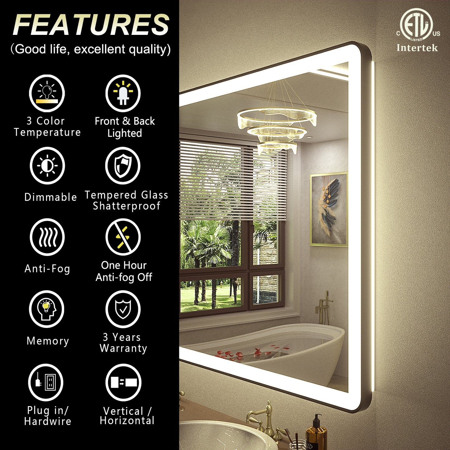 LED Framed Round Rectangle Front & Back Light Mirror