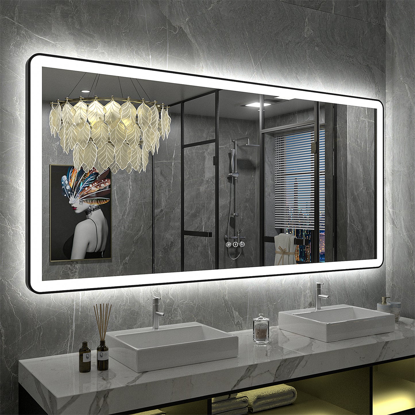 LED Framed Round Rectangle Front & Back Light Mirror